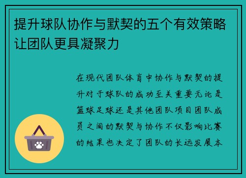 提升球队协作与默契的五个有效策略让团队更具凝聚力