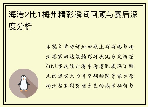 海港2比1梅州精彩瞬间回顾与赛后深度分析